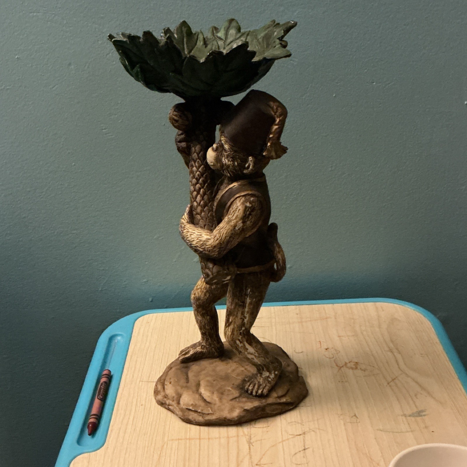 Hand Painted Resin Monkey Figurine with Leaf Bowl, Brown Green, Animal Theme