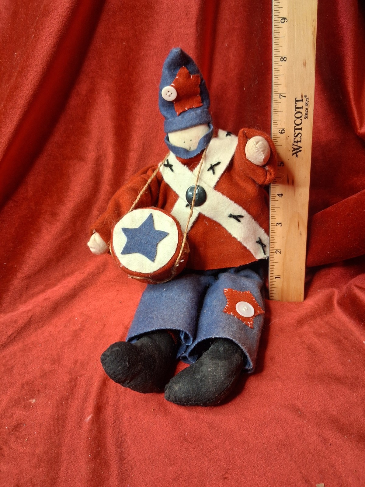 Vintage Handmade Folk Art Patriotic Revolutionary War Drummer Doll Shelf Sitter