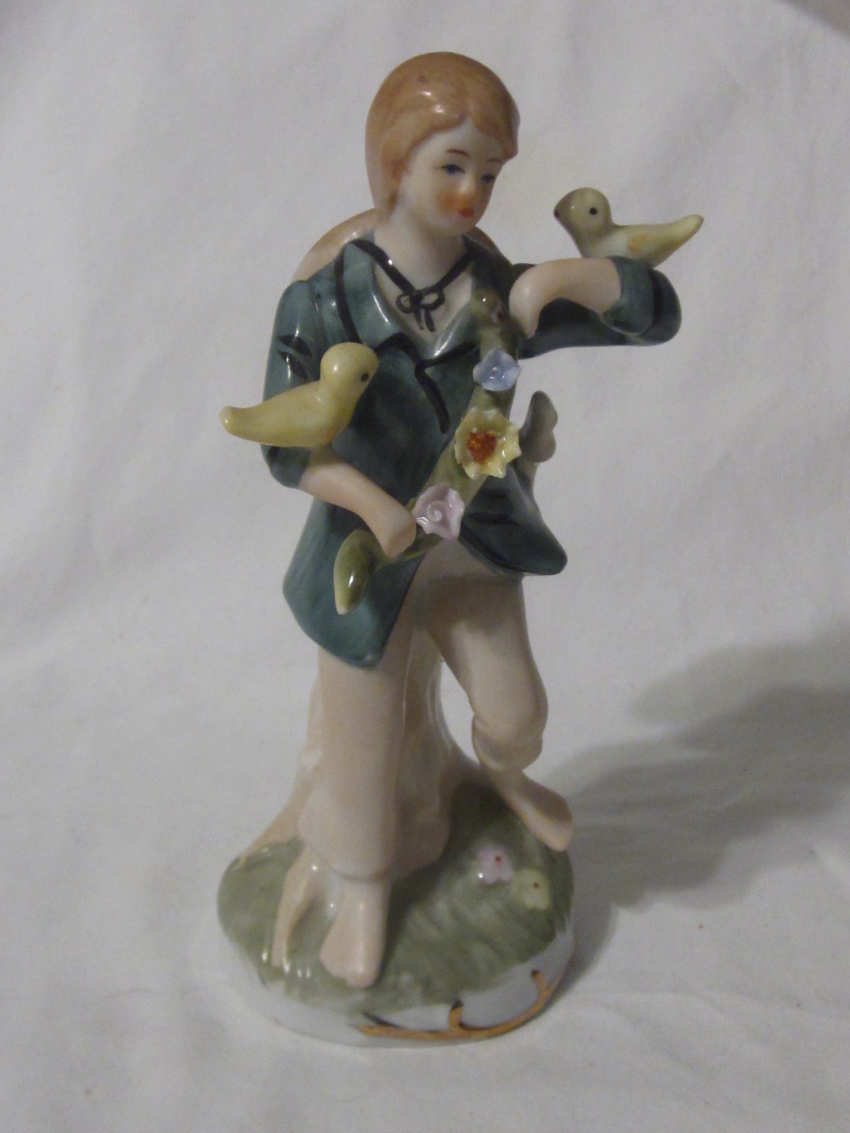 Vintage Porcelain Boy with Birds and Flowers Figurine Made in Korea