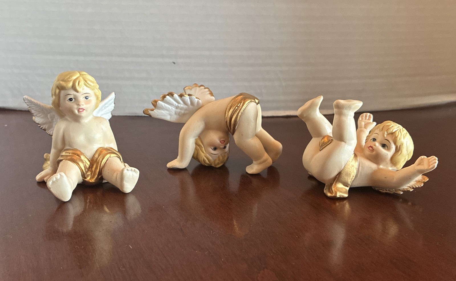 Tumbling Rare Angel Cherubs Bisque Porcelain W/Gold Trim Set Of 3 Phillipines