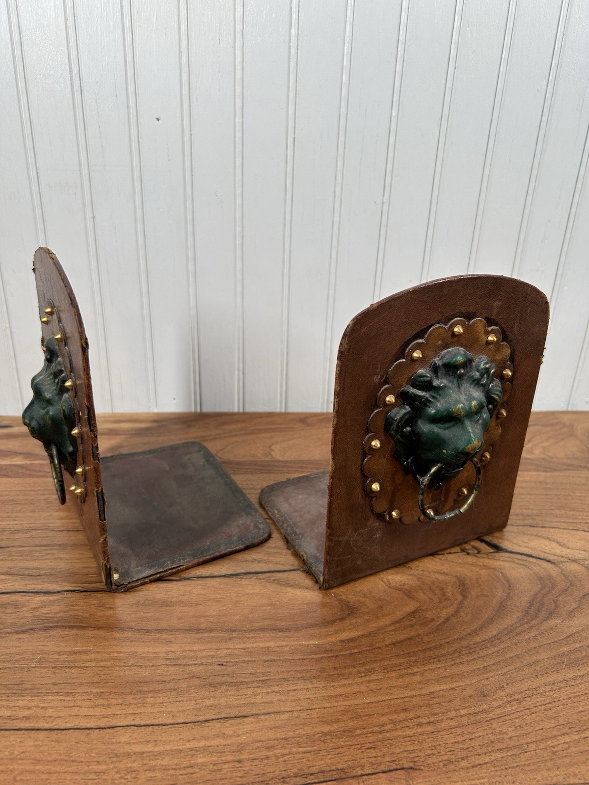 Vintage Italian Leather Wrapped Lion Head Bookends Brass Ring Pull Library Decor