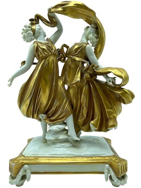 RARE ANTIQUE CAPODIMONTE PORCELAIN & GOLD GILT LADY FIGURAL DANCER STATUE SIGNED