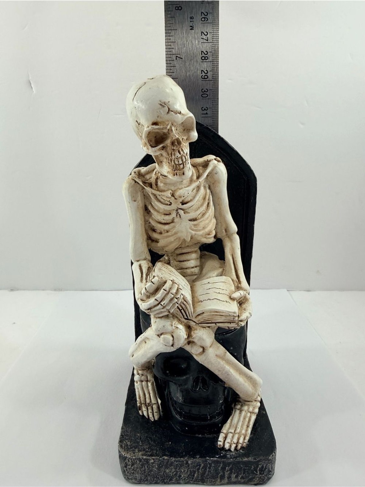 Gothic Skeleton on Skull Toilet Reading Book Figurine RIP Tombstone Decor 7″