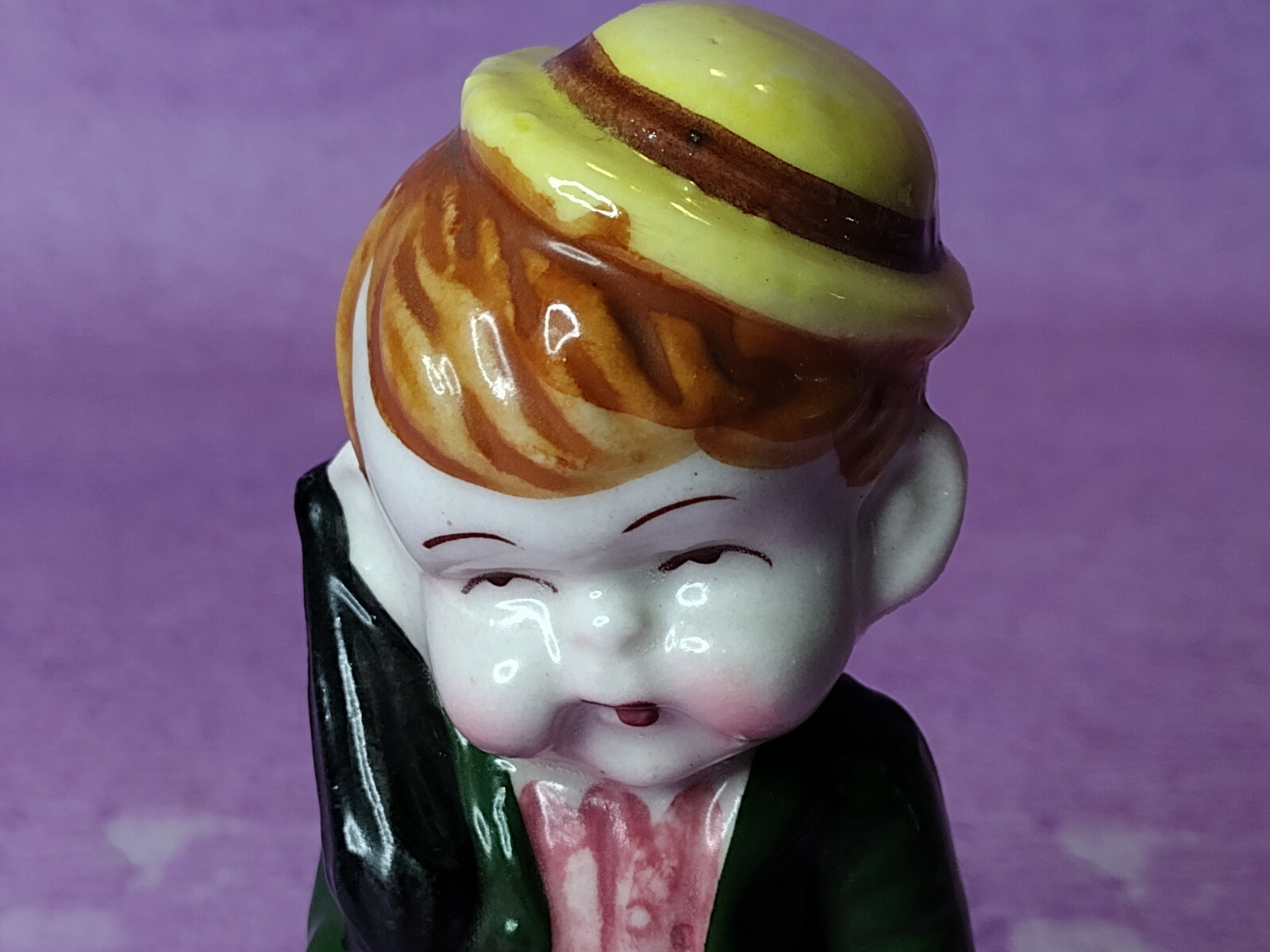 Little Boy Vintage Figurine Hat Umbrella Bag Green Coat Handpainted Bisque 5.5in