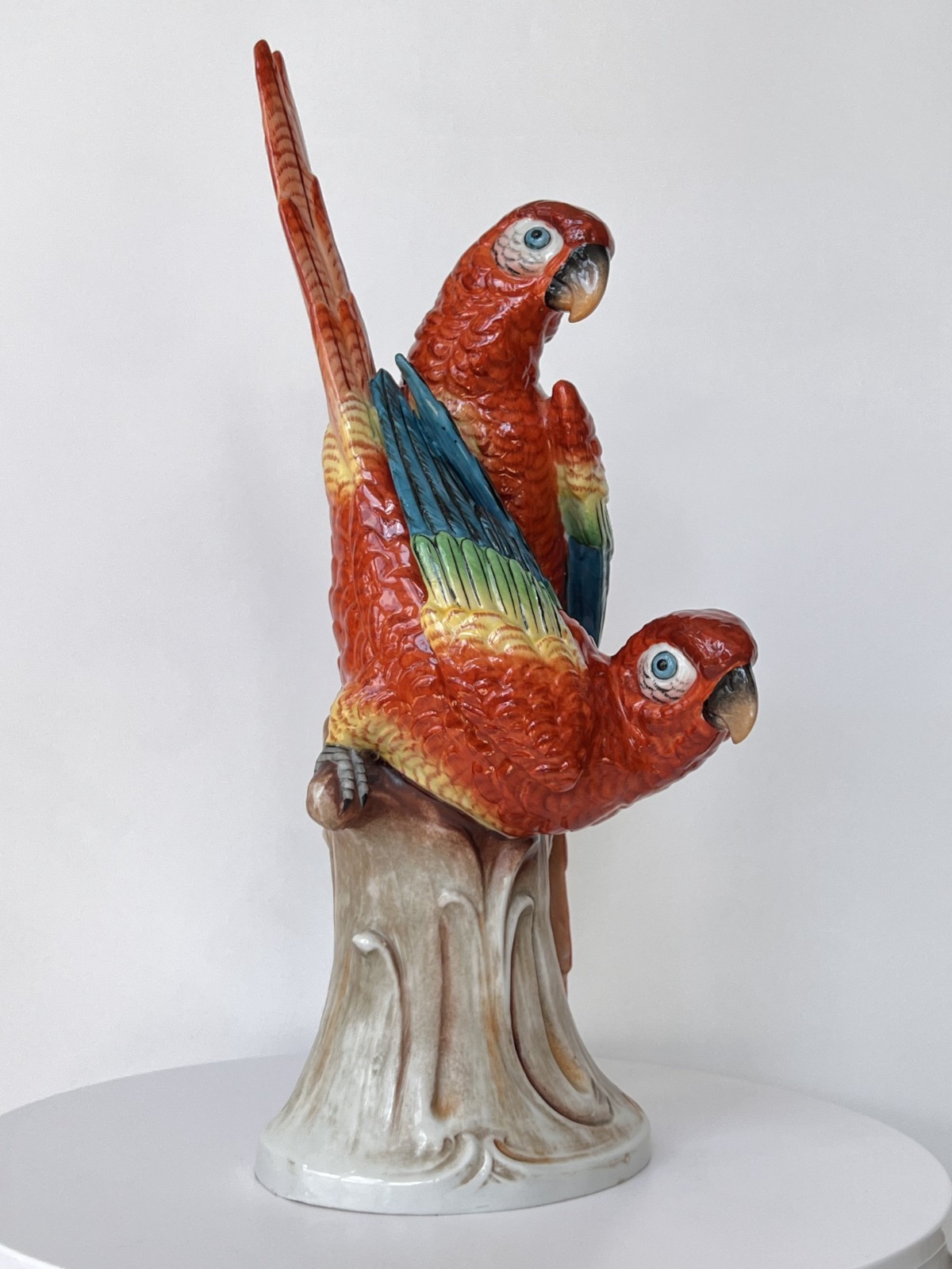 Antique Porcelain Bird Figurine Red Macaw Parrots Sinzendorf 1918 13″ High
