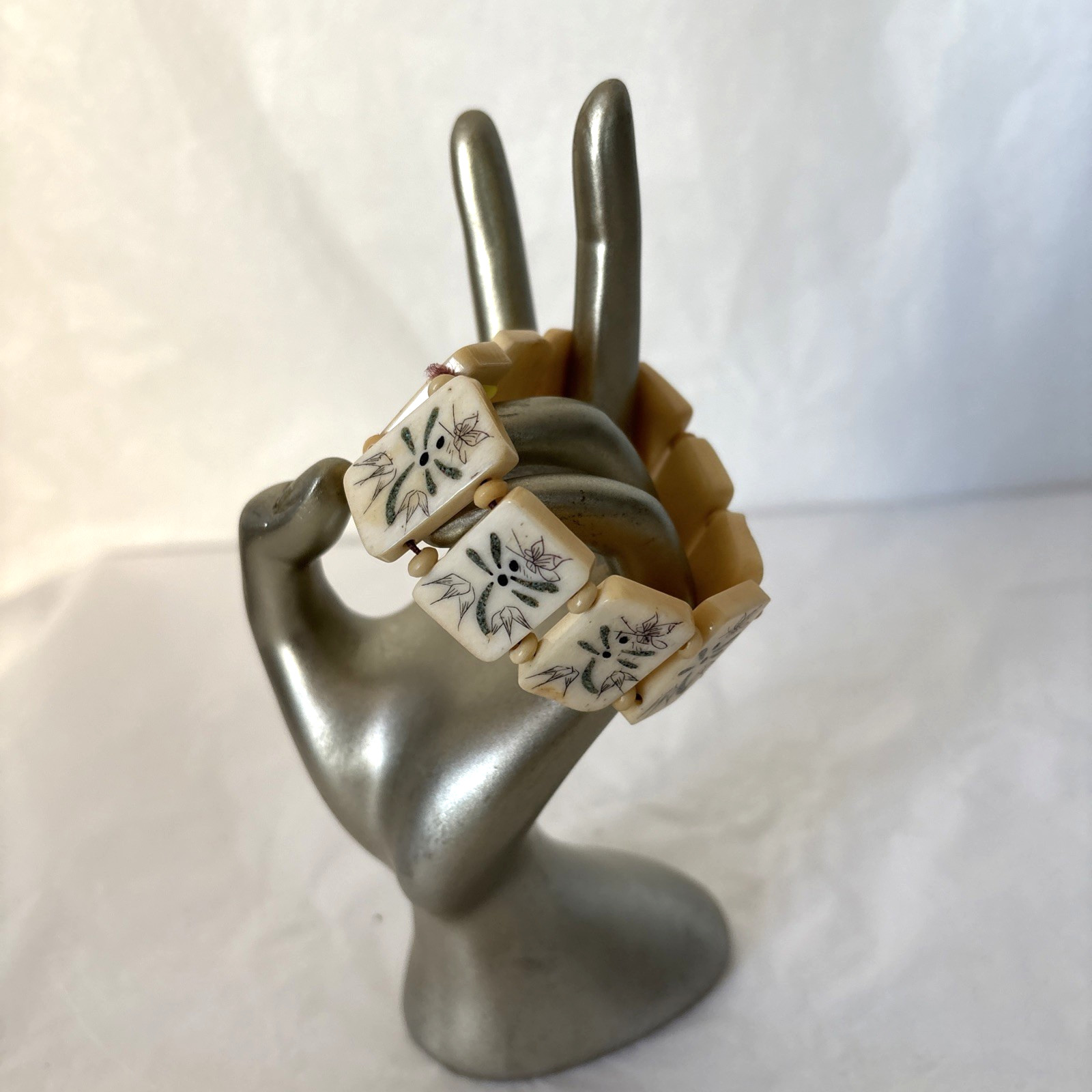 Old Bovine Bone Carved Bracelet Link Stretch Flower Insect Dragonfly