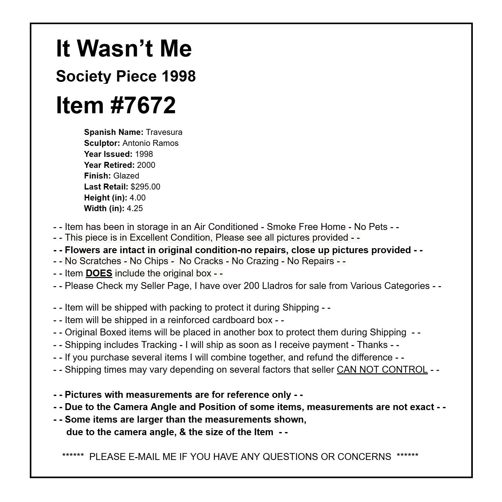 Lladro #7672 It Wasn’t Me NO DAMAGE Lladro 7672 It Wasn’t Me 1998 Society Piece