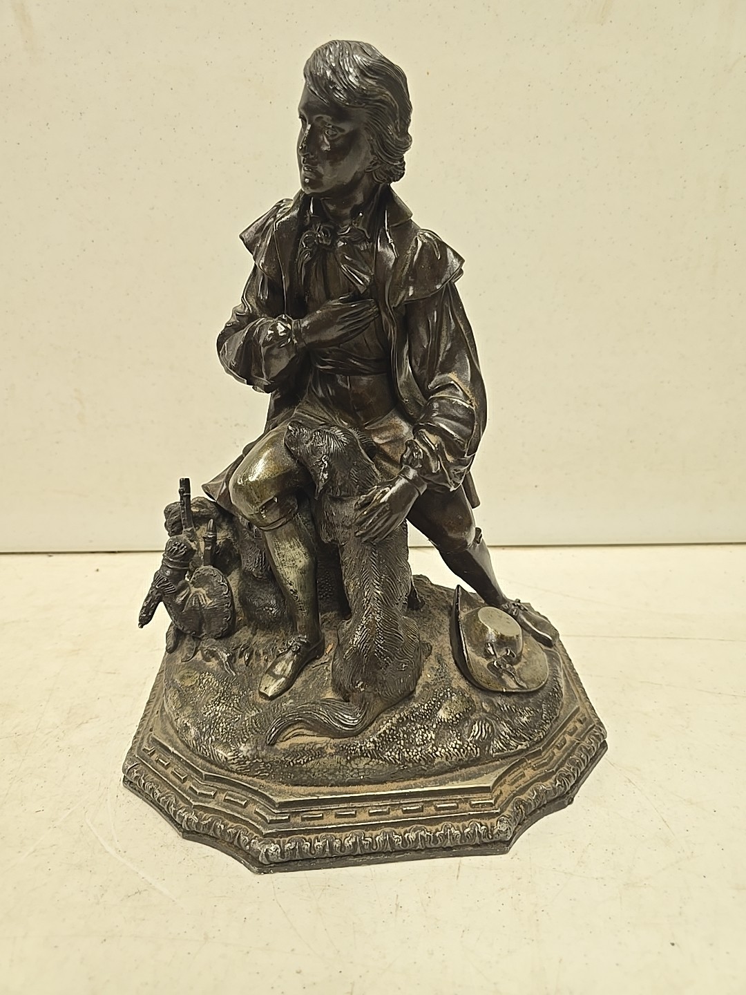 Antique 14″ Victorian European Spelter Sculpture Of Piper Man With Dog Statue