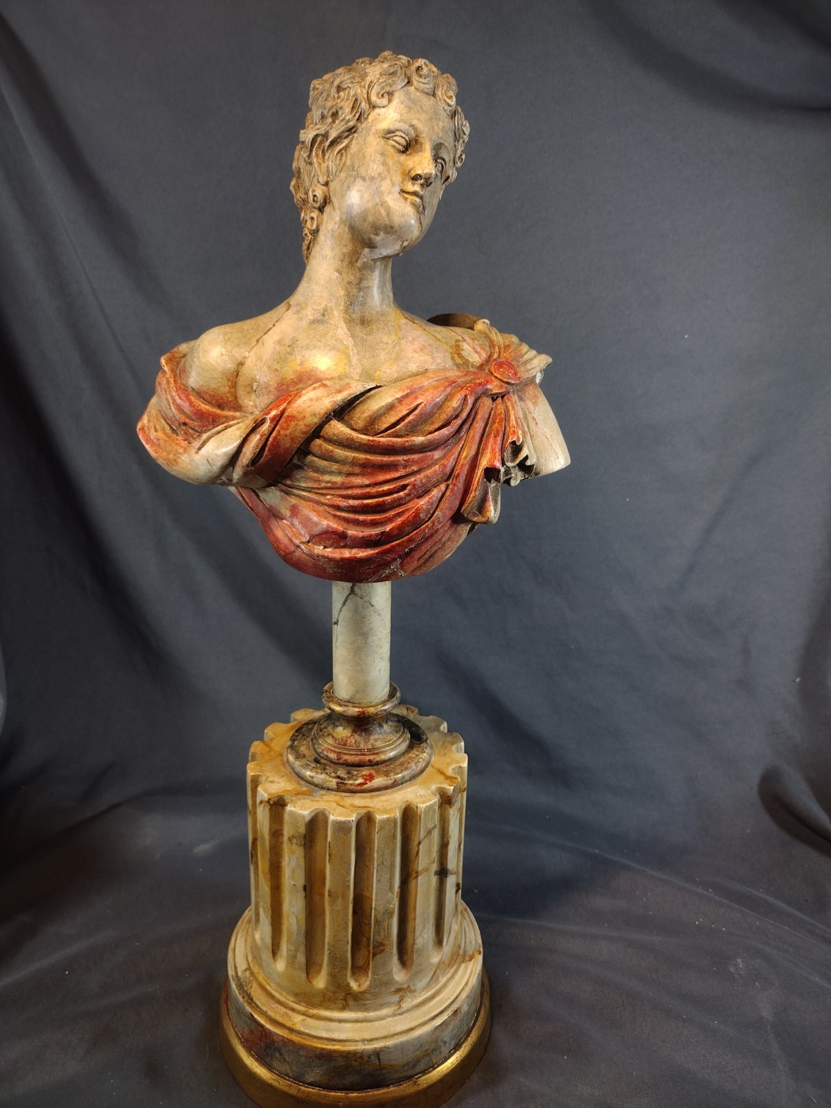 Vintage ’80s Spelter Apollo / Caesar Pop Art Bust Faux Marble Column Retro