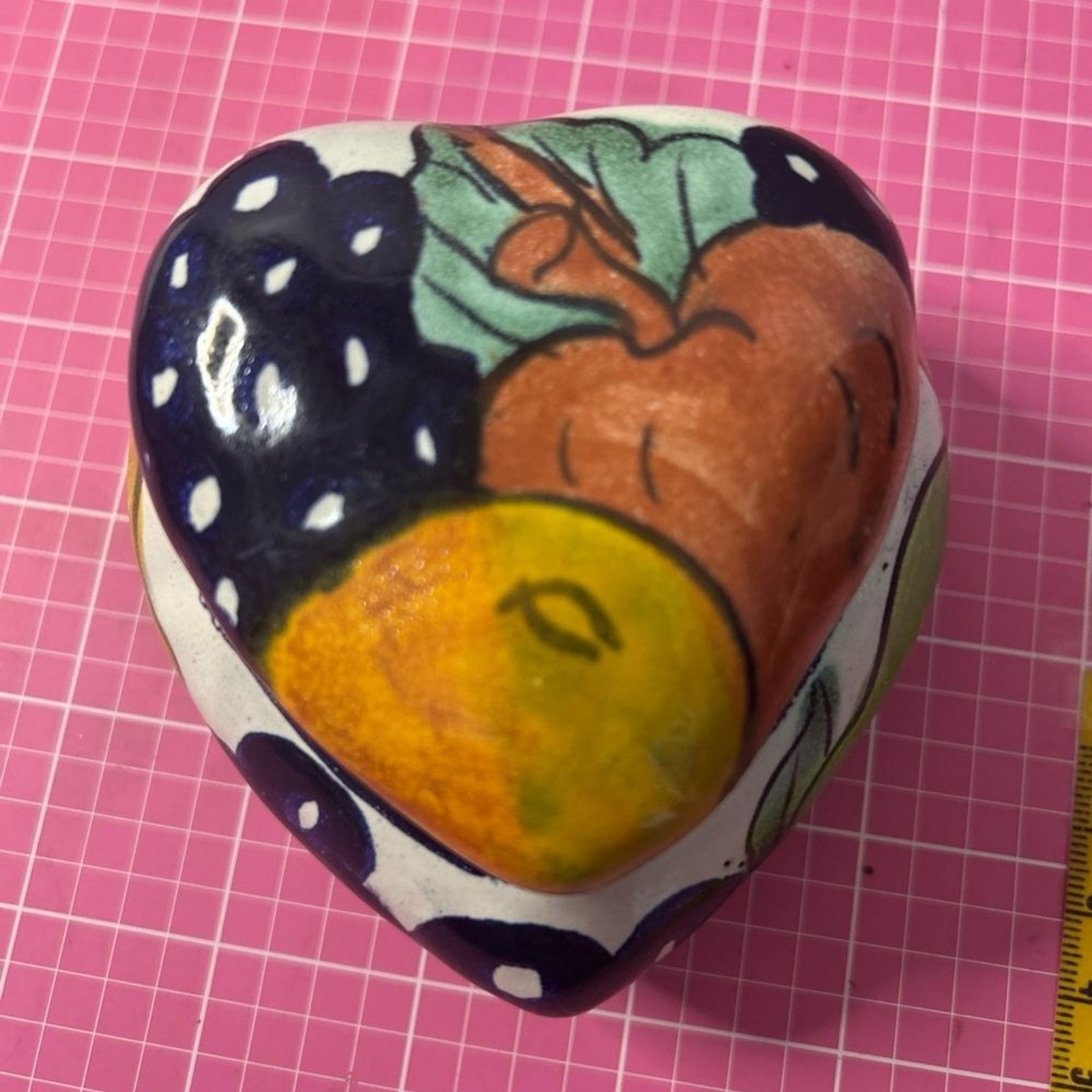 Artistic Blue and Yellow Ceramic Heart Shape Box with Fruit Design