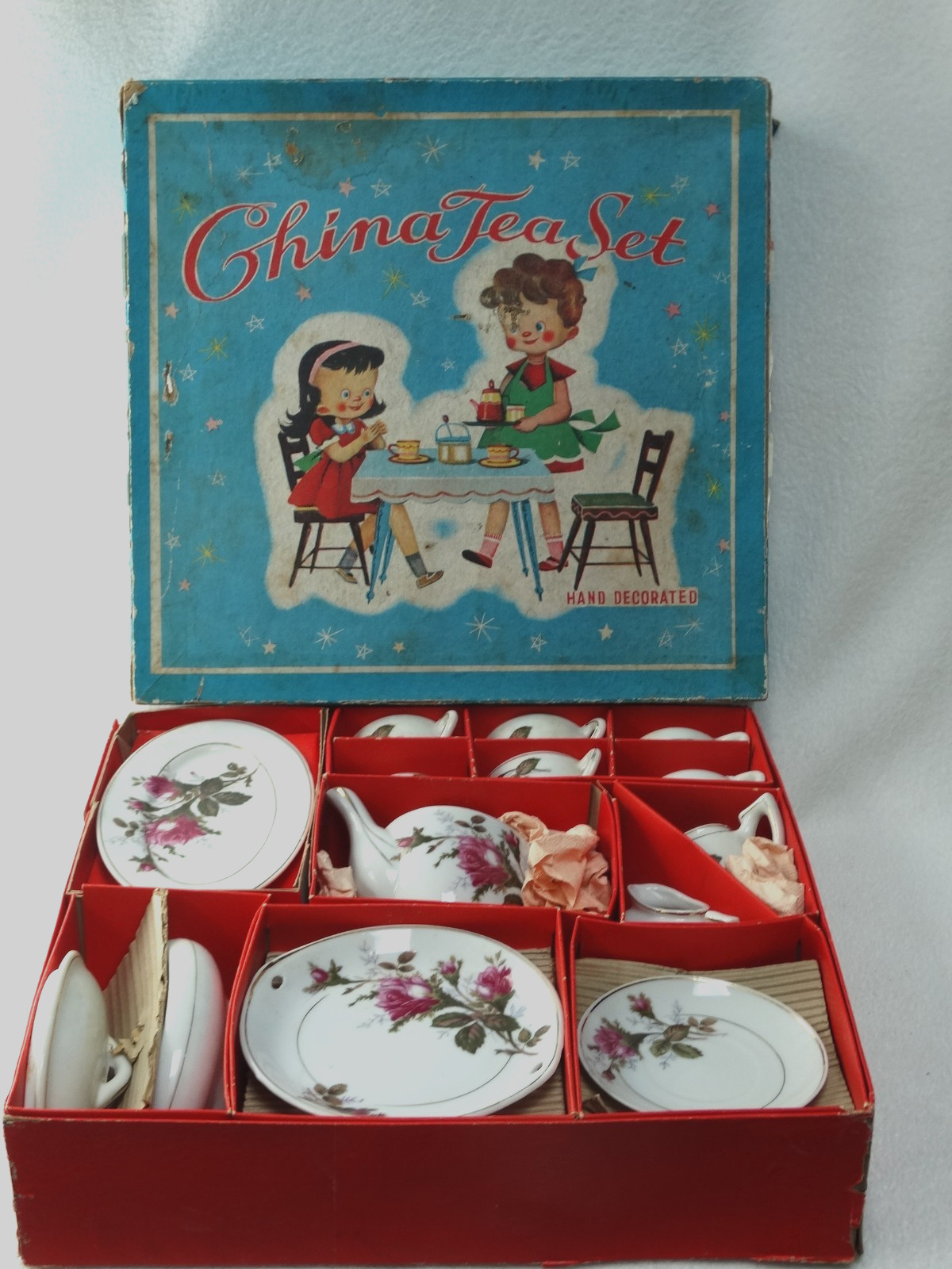 Vintage 1950’s Sonsco Children’s Toy Tea Set X-1000 Moss Rose Complete w/ box