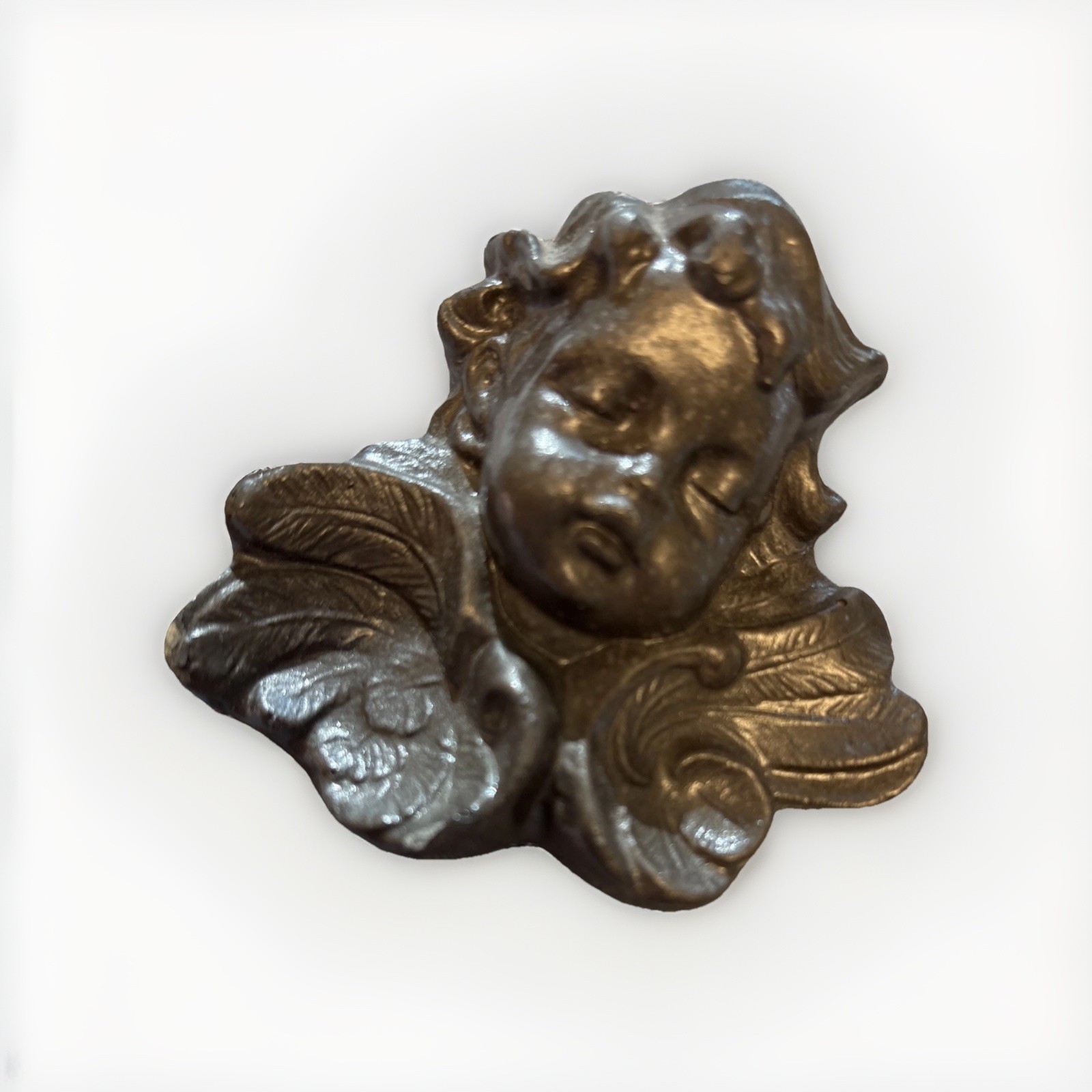Vintage Cherub Metallic Gold Bronze Glaze Stoneware Pottery Head Wall Hanger