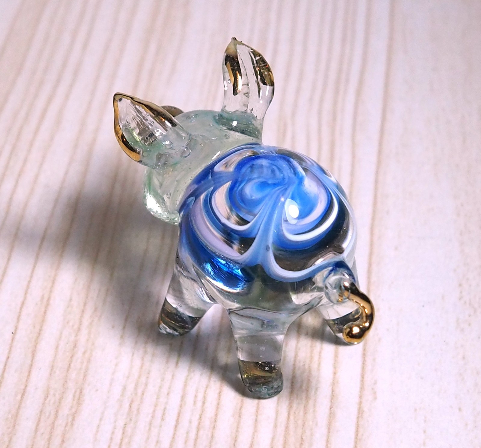 blue green cute PIG figurine hand blown Art Glass gold trim 1.75 in GIFT decor