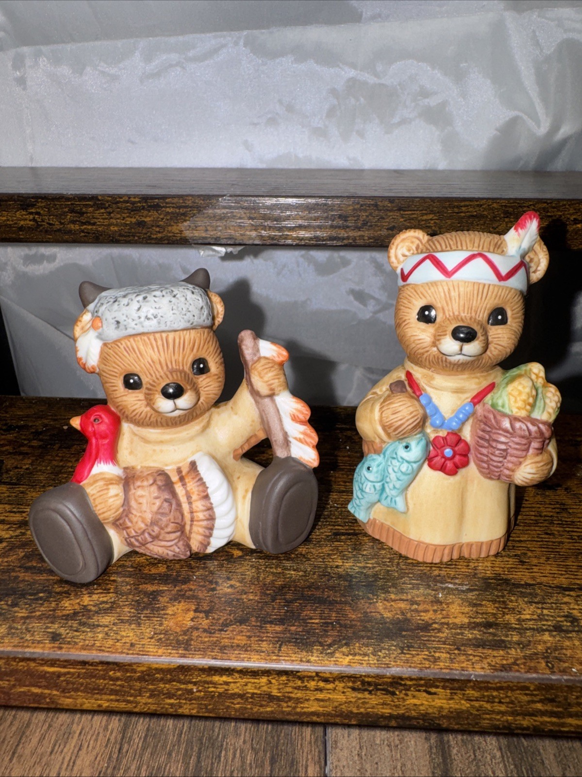 Two Vintage Thanksgiving Bears Ceramic Figurines Homco #1413