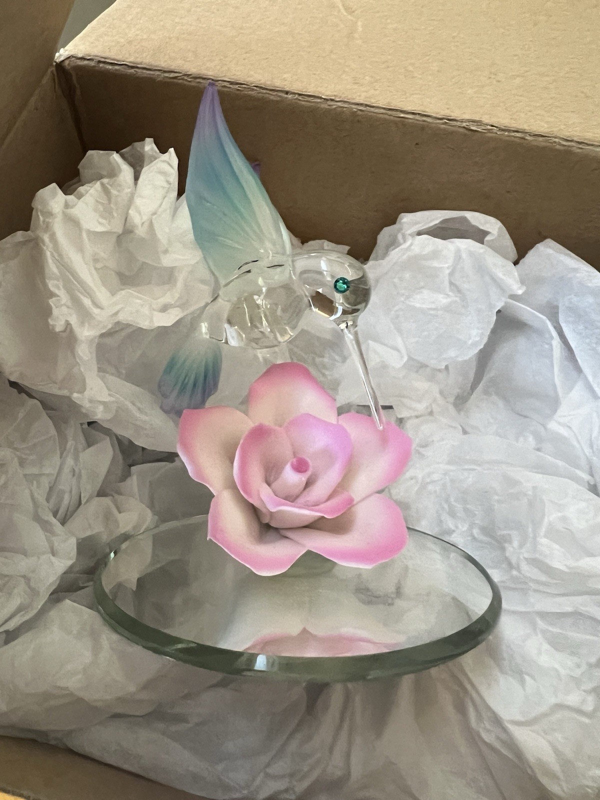 Lot of 2 Gorgeous Glass Baron Hummingbird Pink Rose and Unicorn Figurine