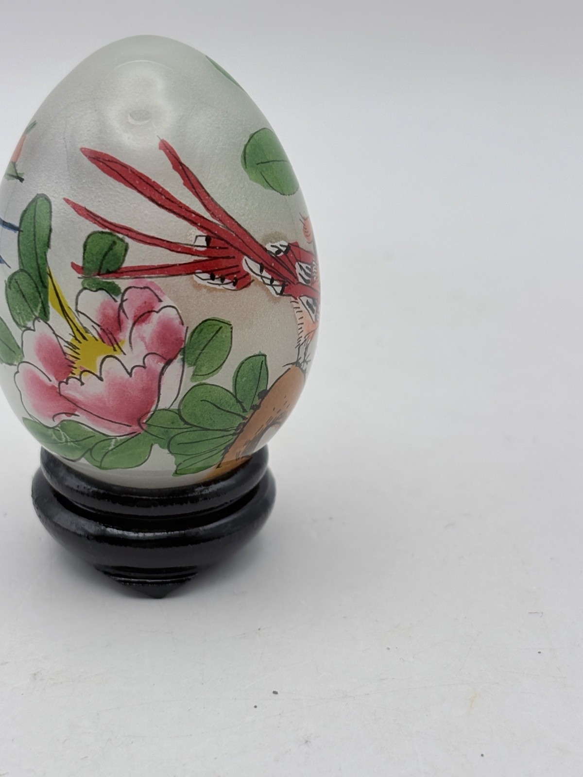 Vintage Reverse Hand Painted Glass Egg Birds Flowers – With Stand (3c)