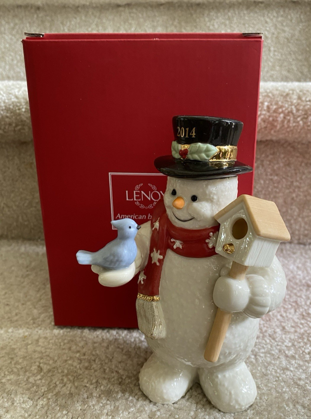 Lenox China 6 1/4″ Annual 2014 Snowman Top Hat, Birdhouse & Blue Bird FREE SHIP