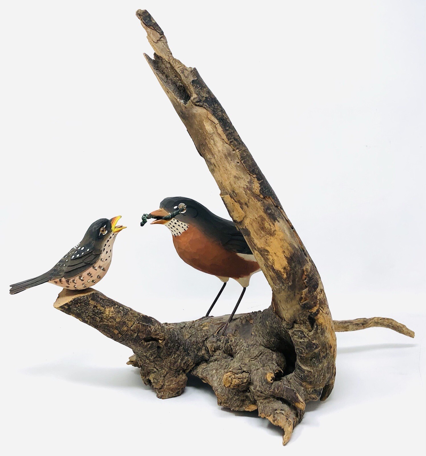 Vtg Hand Carved Birds Driftwood Sculpture Painted Art Nature BT23