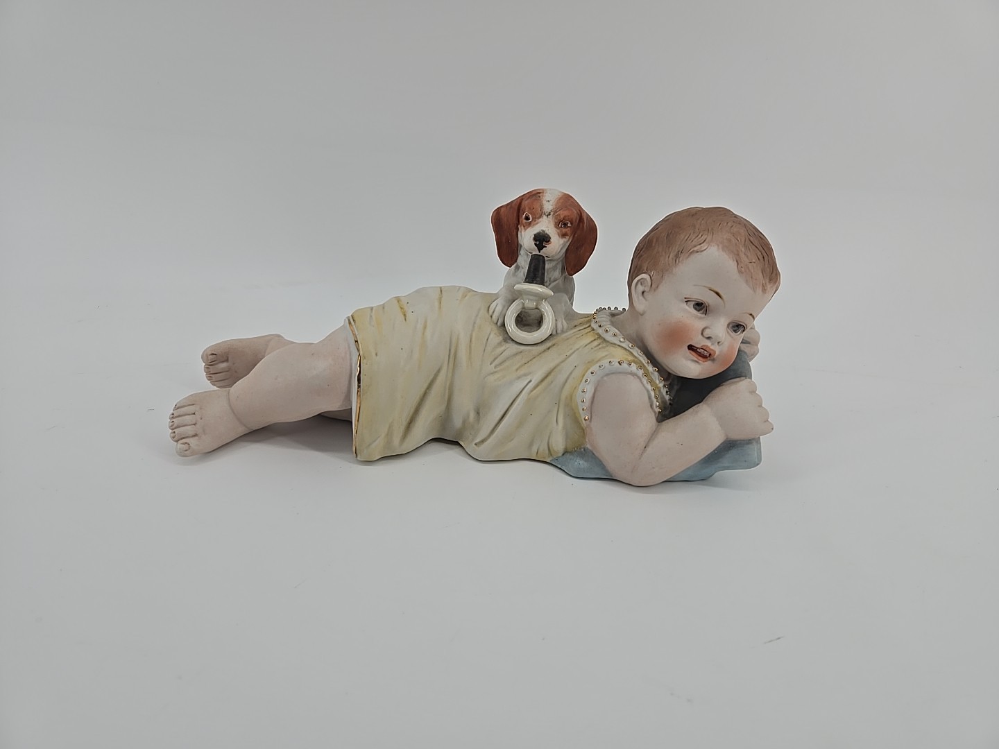 Antique Large Size Gebruder Heubach German Bisque Piano Baby With Puppy Dog