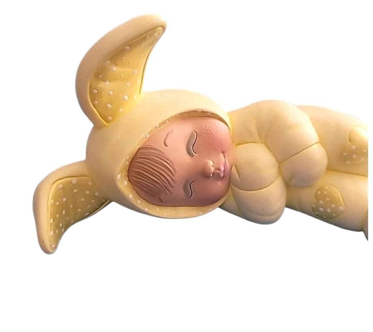 Vintage Retro Slepping Baby Child in EASTER BUNNY RABBIT Ceramic Figurine 8″