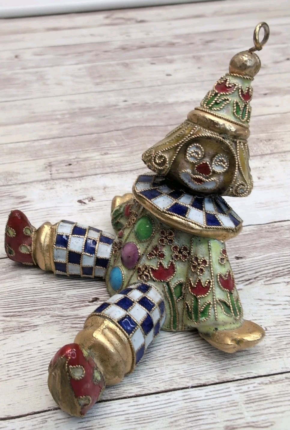Clown Cloisonné Figurine Colorful Sitting Happily Flowers Checkered Pants