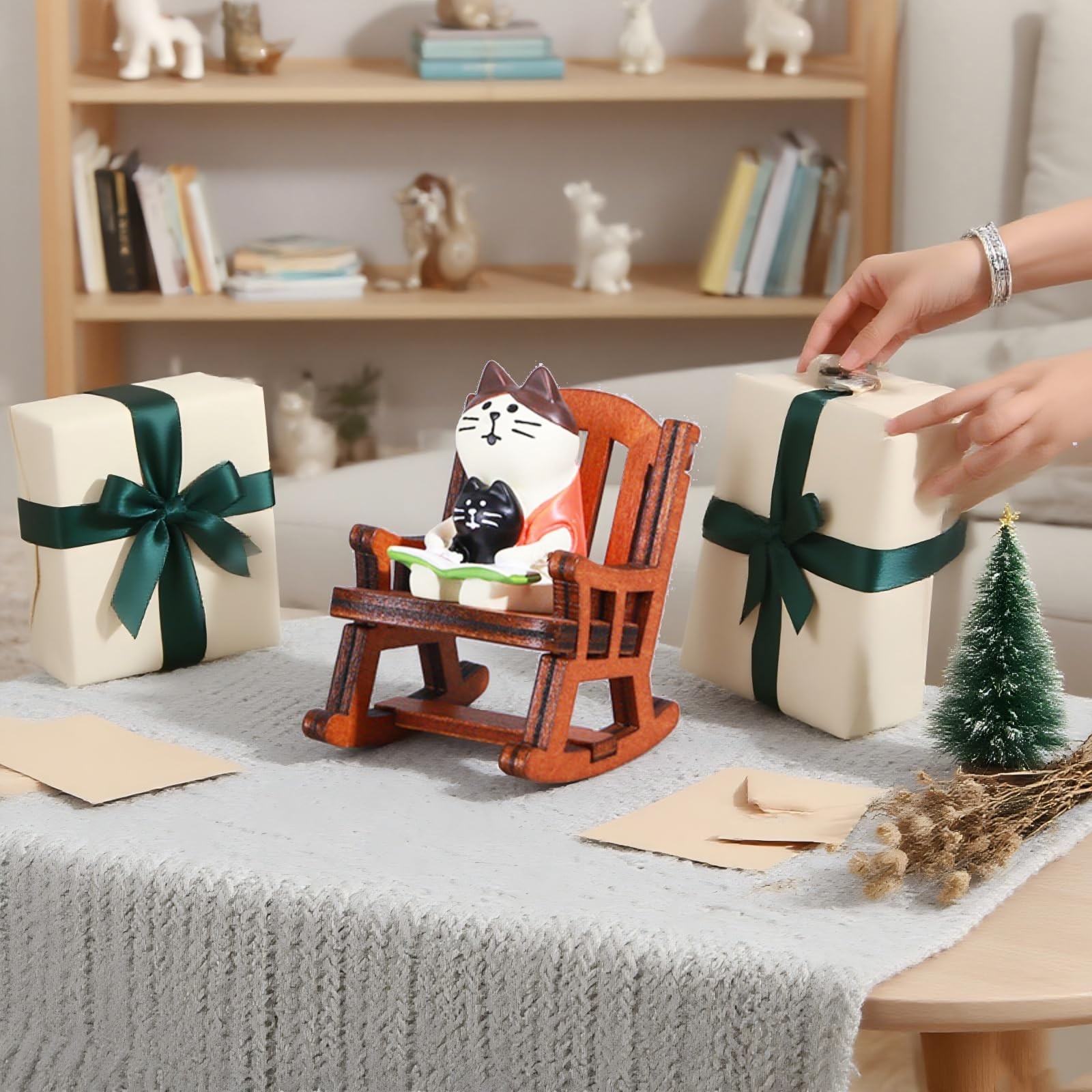 Gwindrise Miniature Cat Reading Figurine Set, Resin Desk Decor with Wooden Ro…