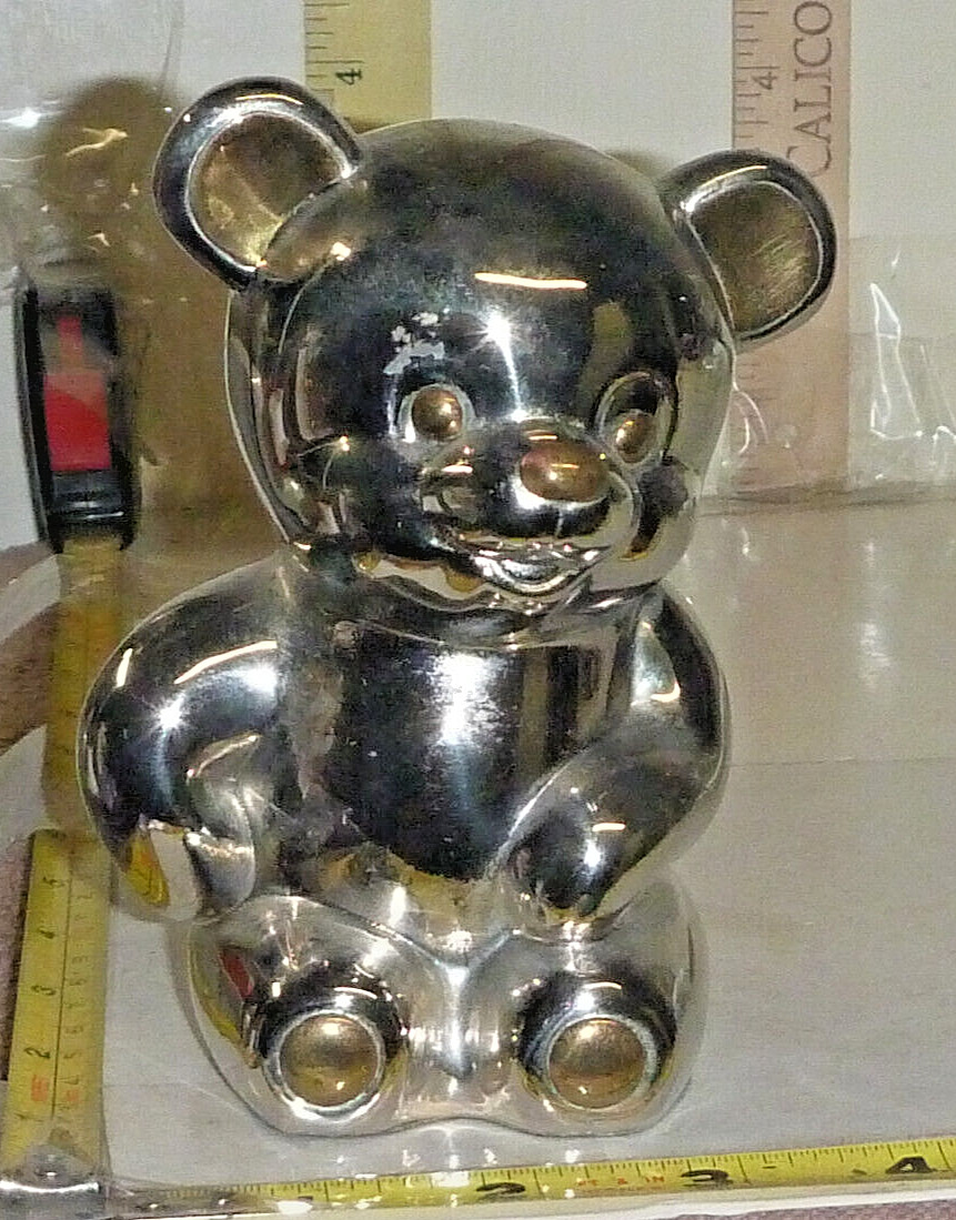 Vtg Silver Color Metal Sitting Teddy Bear Figurine ~5″ H , 1 Lb 3 oz