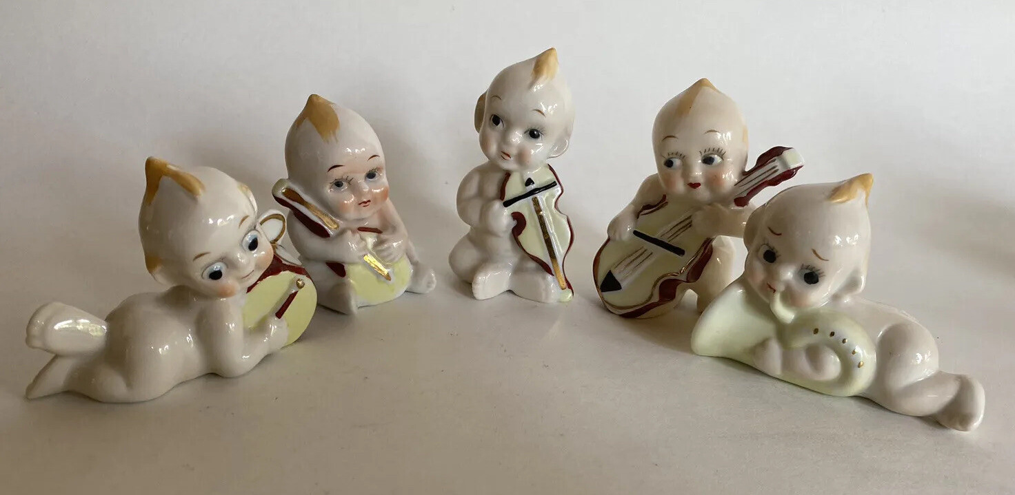 5pcs Vtg Kewpie Musician Figurines Japan Tuba-Violin-Cello-Drum-Mandolin