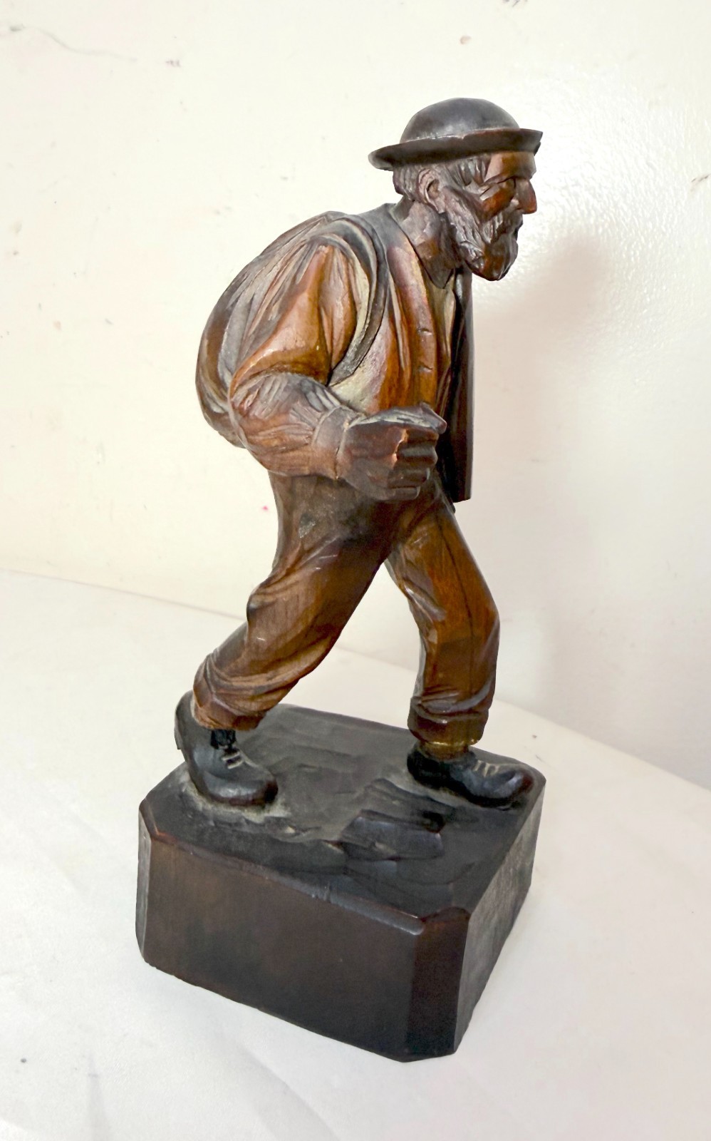 Finely carved antique 19th century German man hobo bum wood sculpture statue