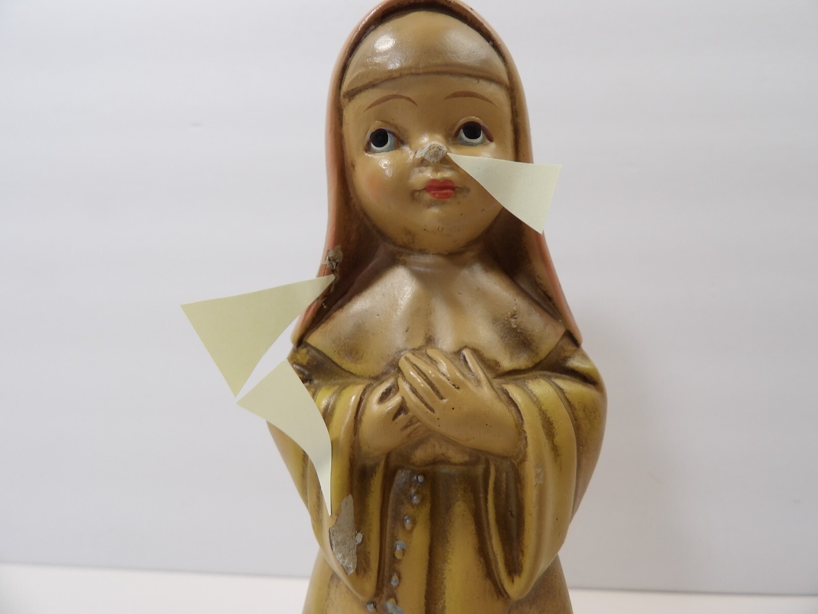 Old Pair Of Singing Sisters Nuns Figurines ~ 1 with Harp ~ Paper Mache Composite