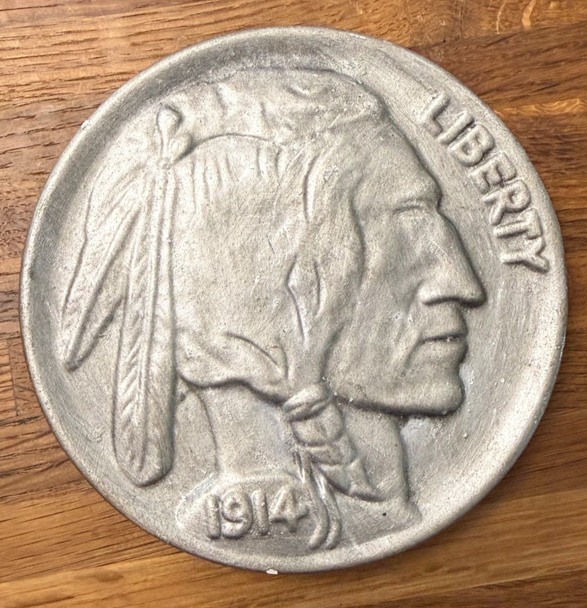 Vintage 1914 Buffalo Nickel Replica Chalkware 5.5″ Coaster Native American