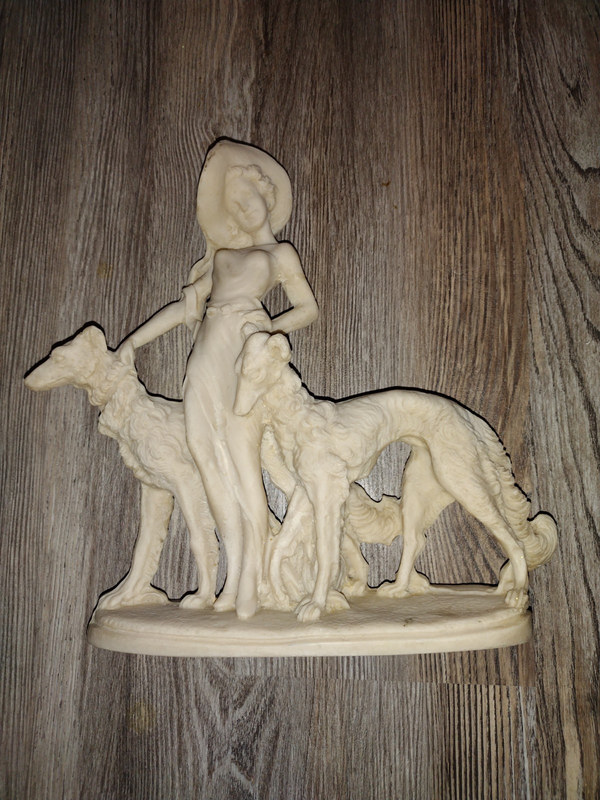 11.25″ Art Deco Resin Statue Lady in a Hat w/2 Wolfhound Borzoi Dogs 1920s Style