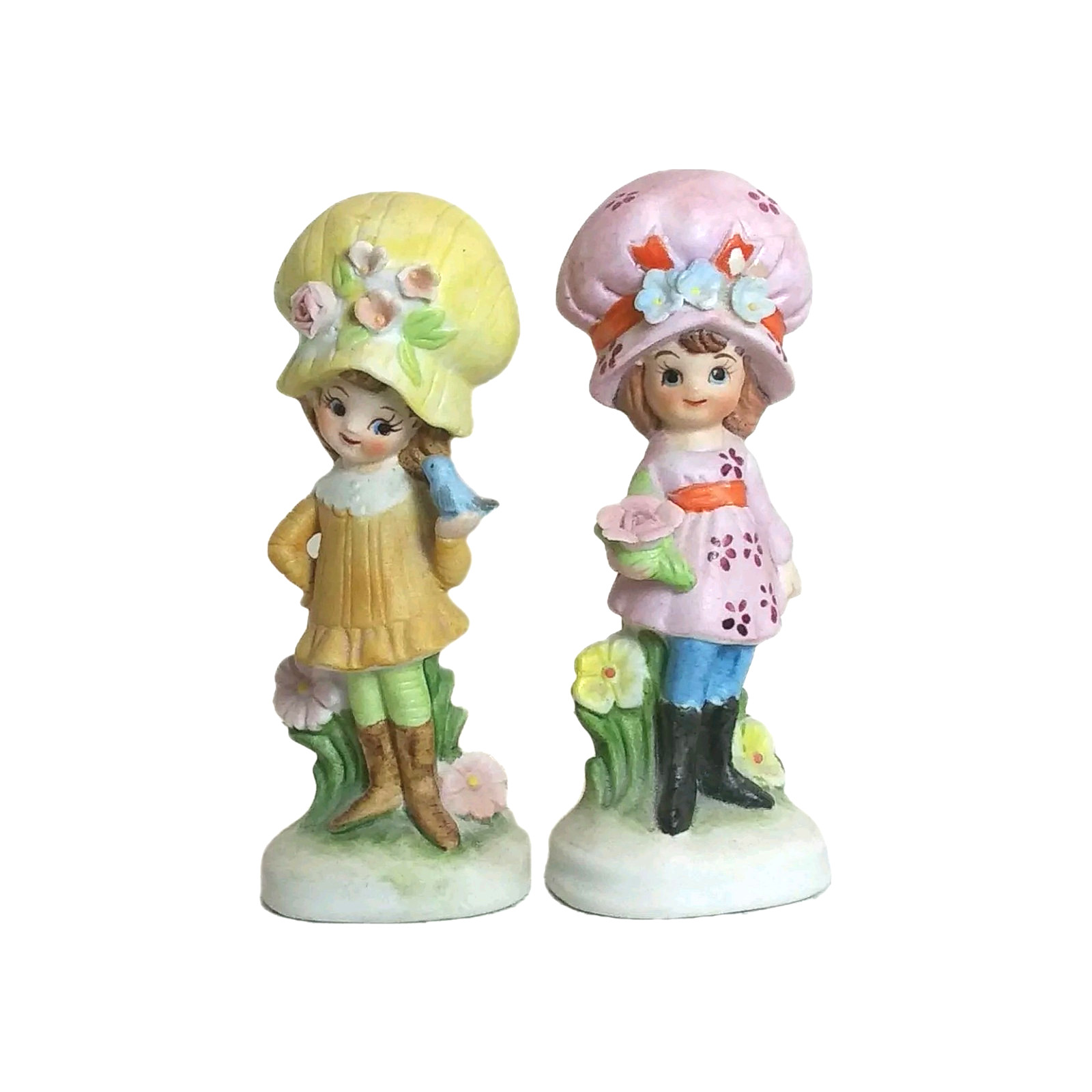 2 Vintage Napco Bonnet Girls Holding Bird and flower Figurine 4.5 ” tall No.8820
