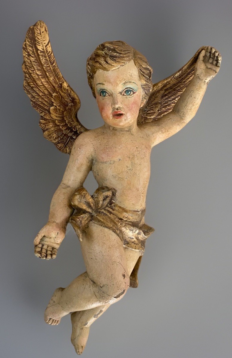 Antique Italian Church Carved Wood Putto 13” Cherub