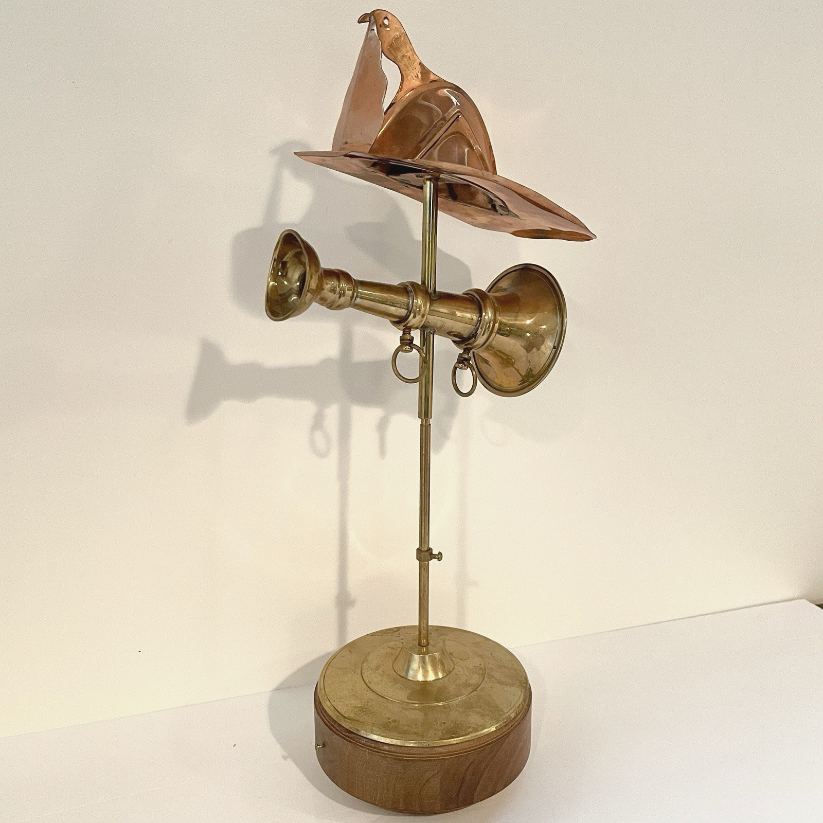 Vintage Fireman’s Copper & Brass Sculpture Firefighter’s Hat & Horn Decoration
