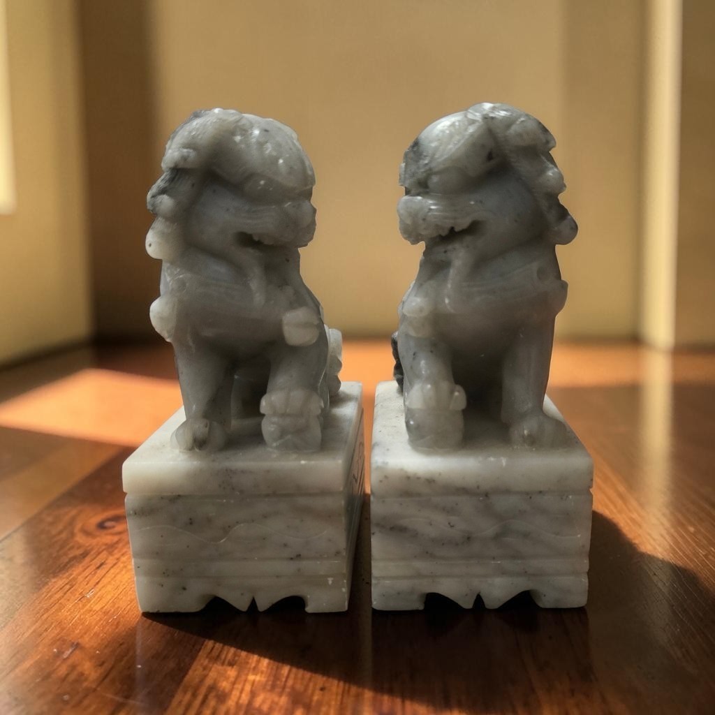 Chinese Pair Of Gray Marble Carved Soapstone Foo Dogs Guardian Lion Bookends 4″