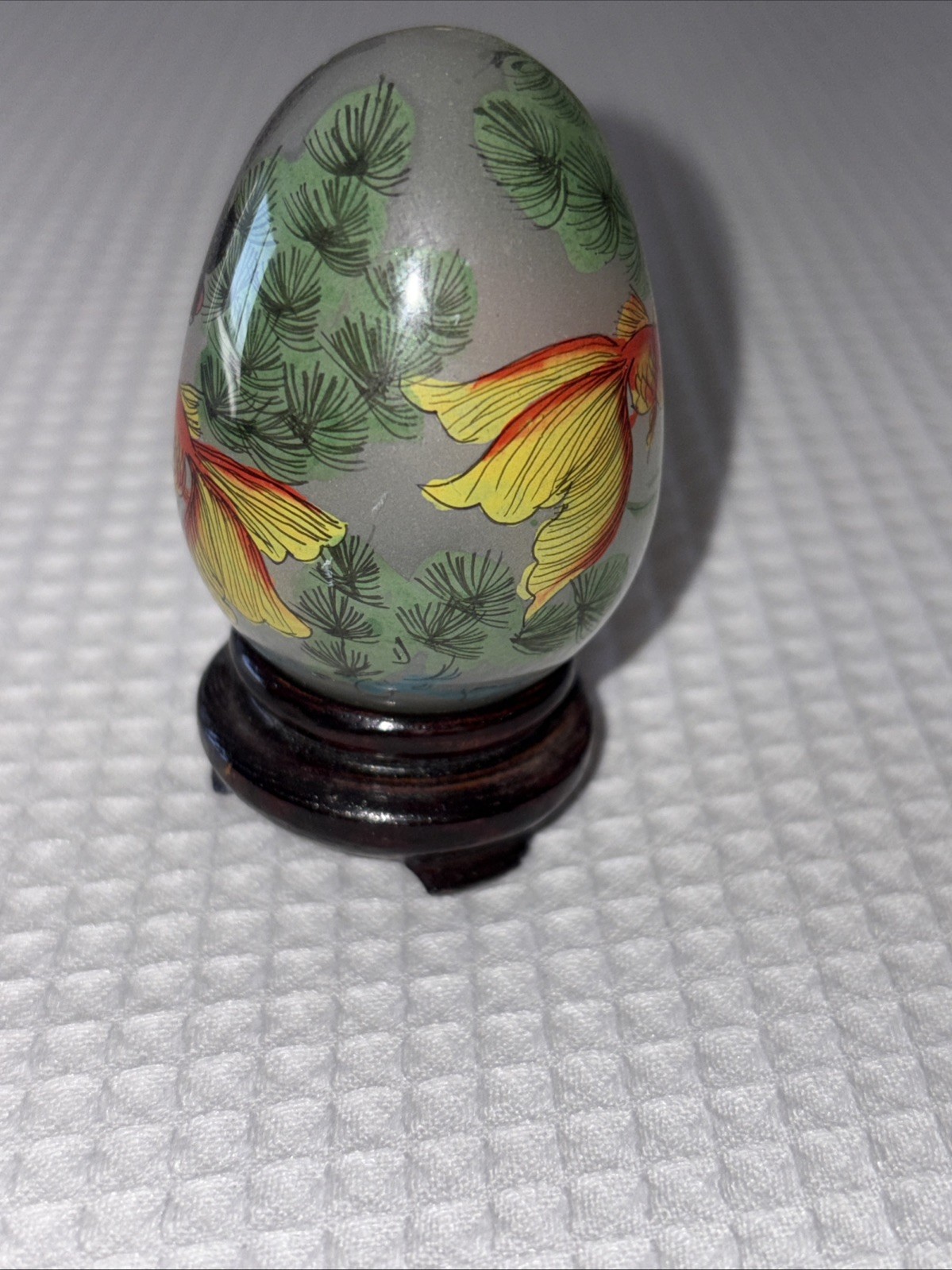 Reverse Hand-painted Glass Egg- Multiple Koi Fish With Wood Stand Vintage