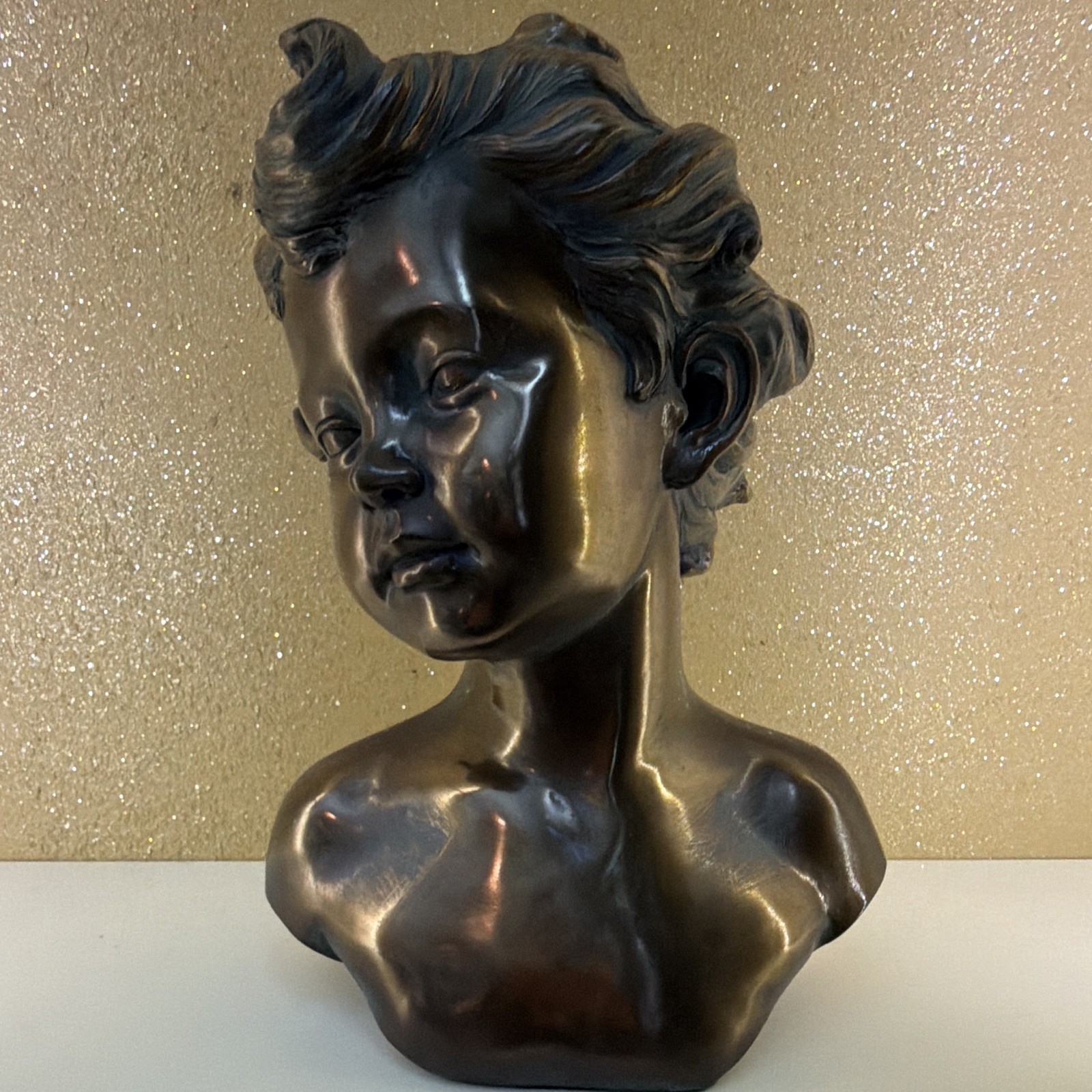 Metallic Bronze Boy Bust Figurine, Resin Art Decor, 3D Effect 13.5 in