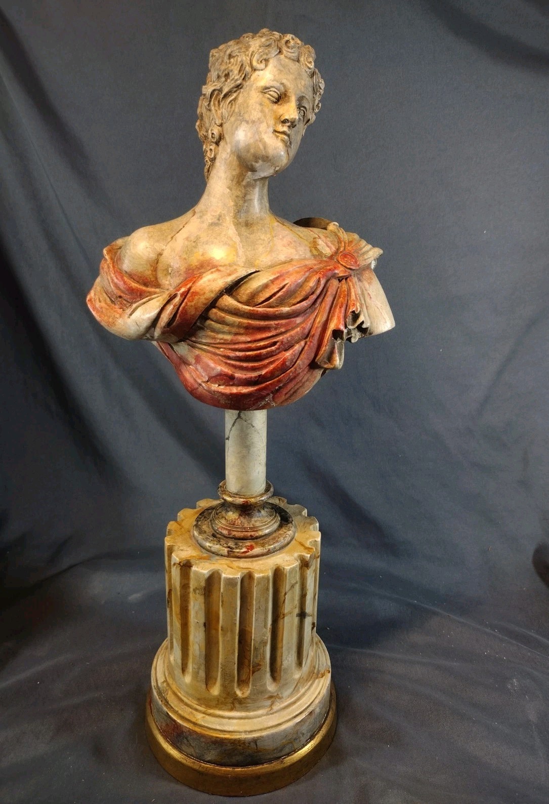 Vintage ’80s Spelter Apollo / Caesar Pop Art Bust Faux Marble Column Retro