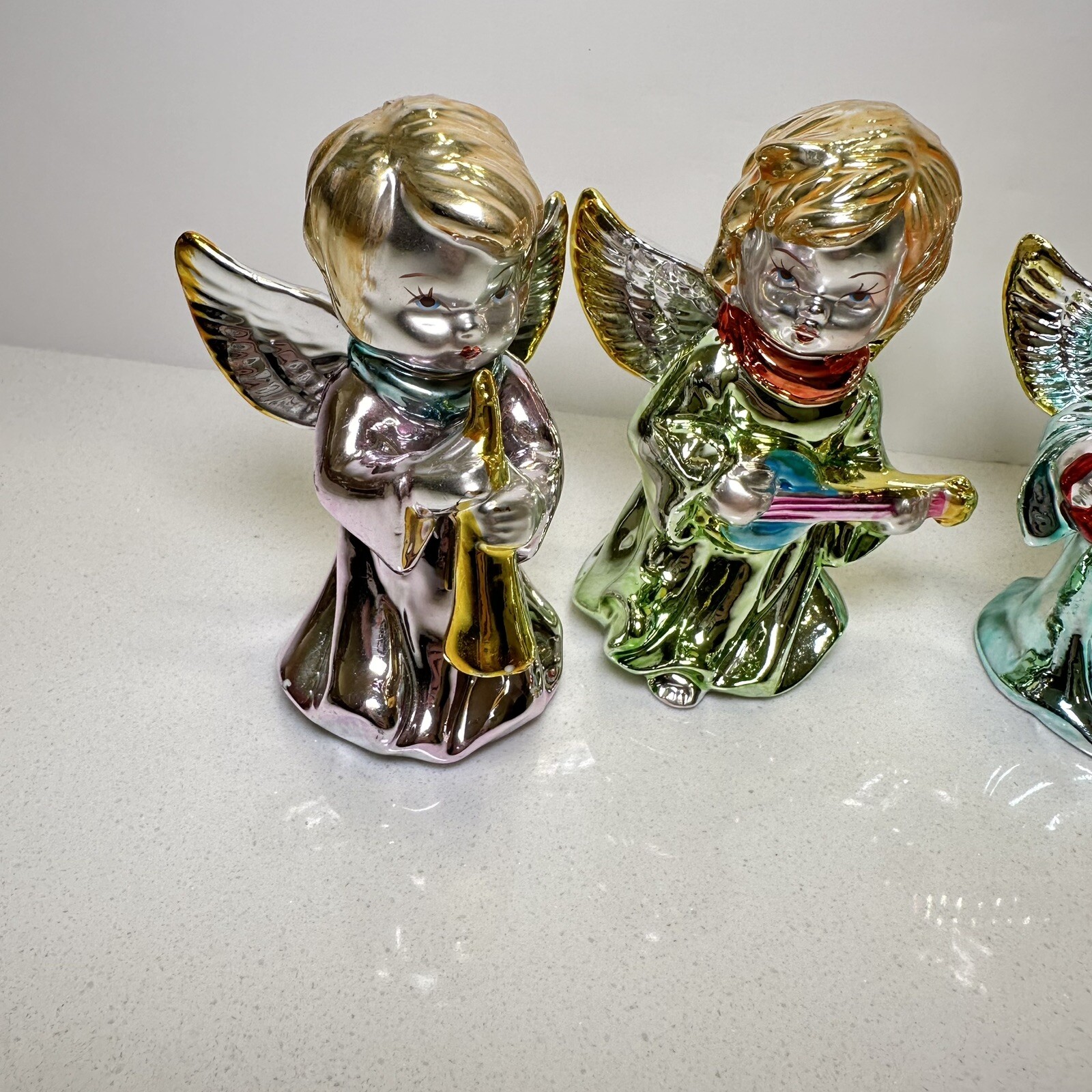 Vintage set of 4 Ceramic Musician Angels w/Gold And Multi Colored Metallic