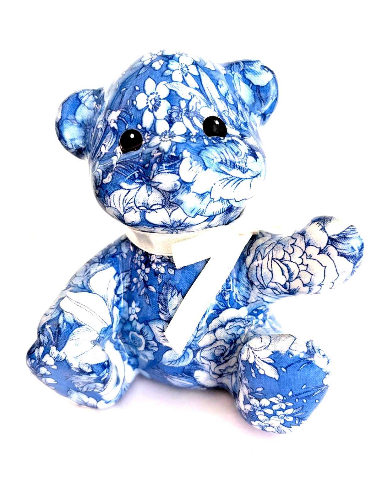 Joan Baker Designs Patchwork Teddy Bear Blue White Floral Cottagecore Chinoiseri