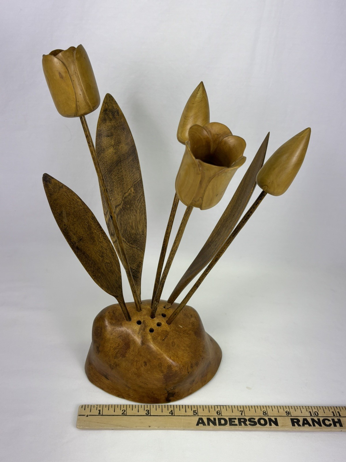 Vintage Hand Carved Wood Tulip Flower Arrangement Sculpture Vase MCM Decor Burl