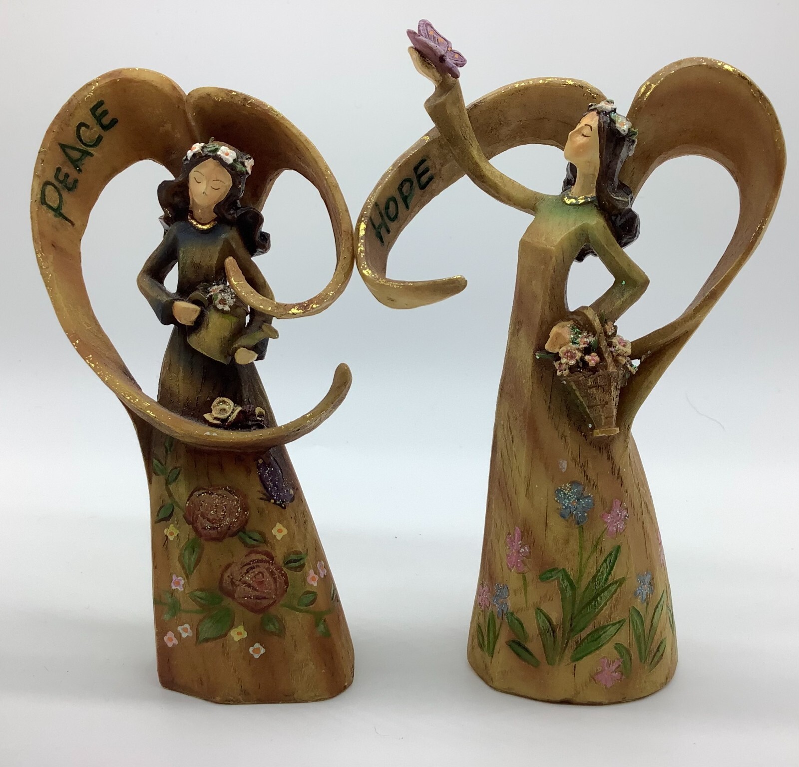 ROMAN INC VINTAGE RESIN DRIFTWOOD LIKE TWO ANGELS FIGURINES PEACE & Hope