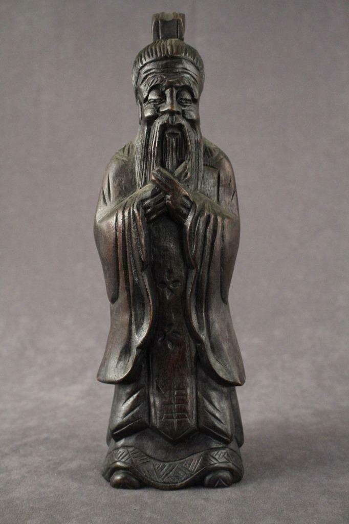 Vintage Asian Art Wood Carving Chinese Scholar in Formal Robes 11.75″ Tall