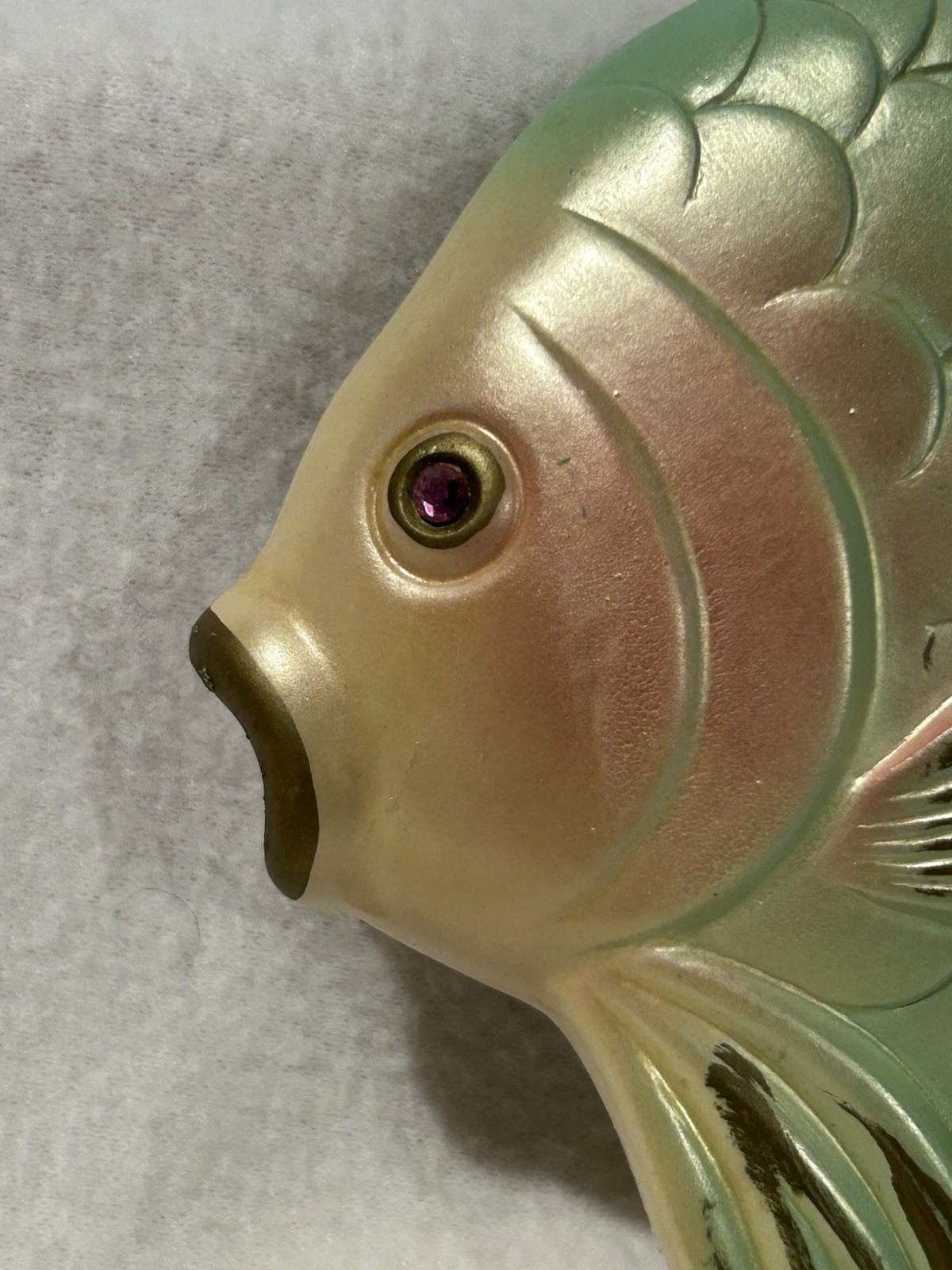 VINTAGE 1967 Miller Studio Green Fish SET Chalkware Rhinestone Eyes Wall Plaque