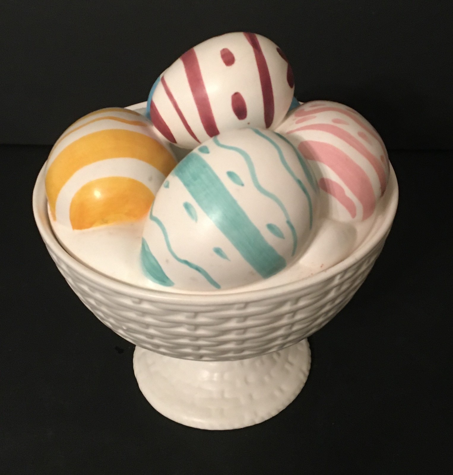 Lefton Vintage 2 Piece Ceramic Easter Eggs in Woven Pedestal Basket Candy Dish