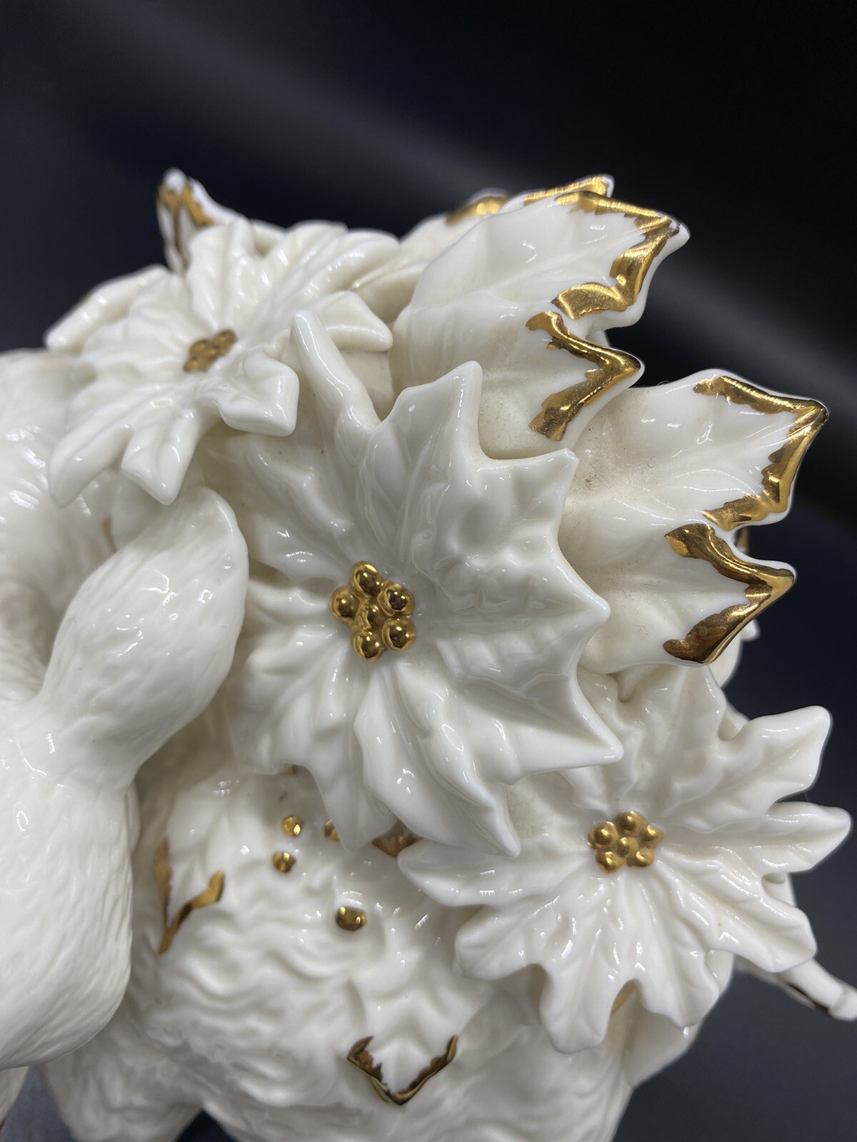 Fawn Baby Deer And Poinsettias White and Gold Porcelain Statue For Winter