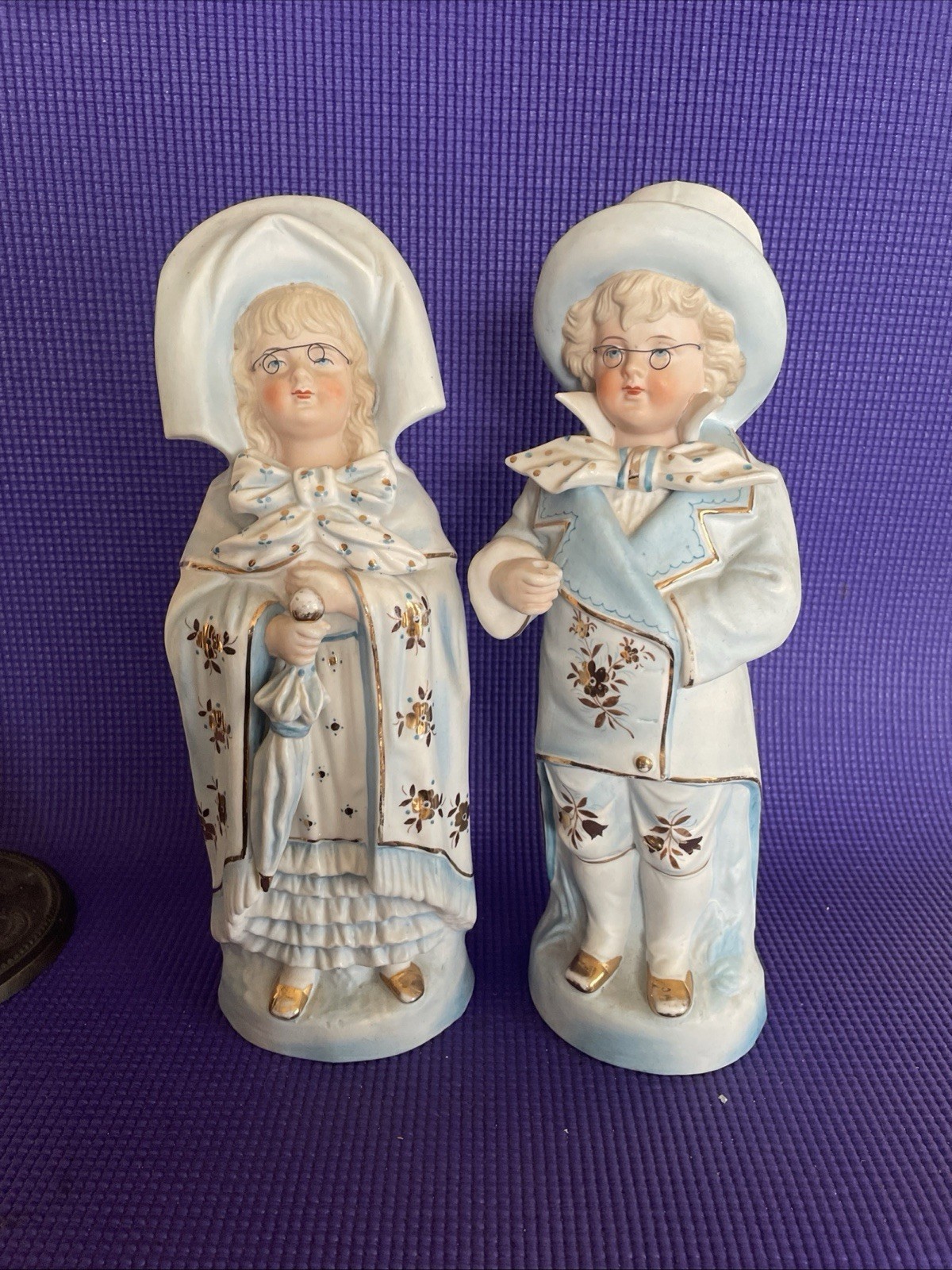 Antique Large German Bisque 12” Boy/ Girl Dressed As Grandparents Blue/ Gold