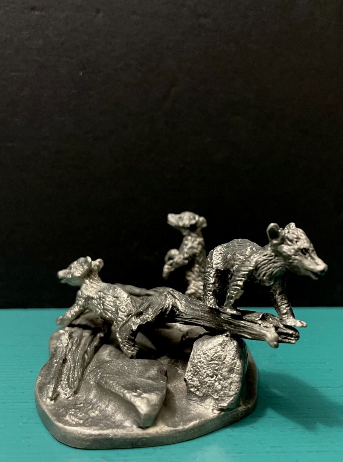 Pewter Three Bears Cubs Forest Tree Logs Wildlife Animals Diorama Art Figurine