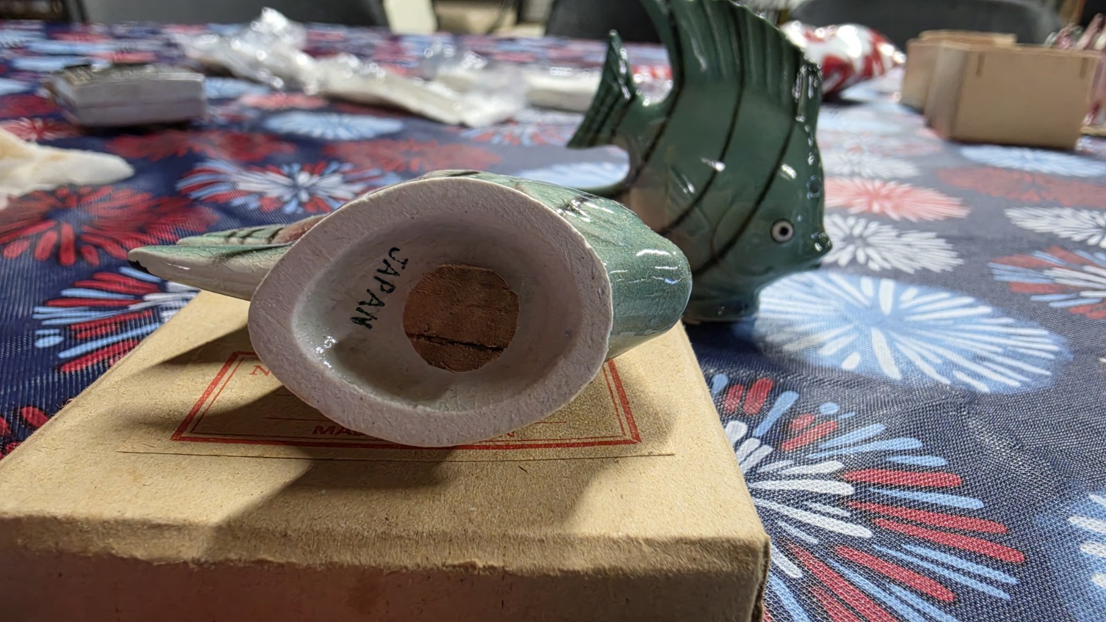 Mid-Century Green Glazed Ceramic Fish Salt and Pepper Shaker Set, Made in Japan